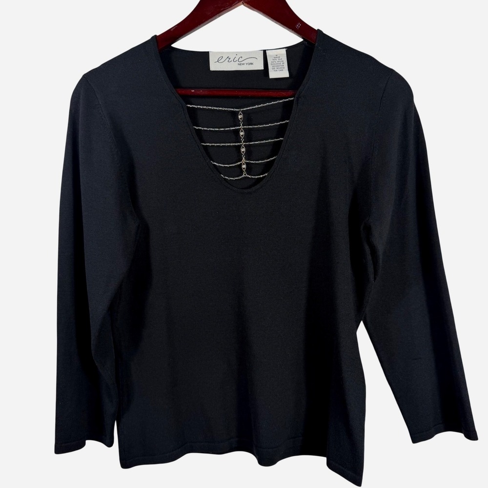 Eric New York Embellished Chain V-Neck Sweater Top Black Silk Blend Size M
